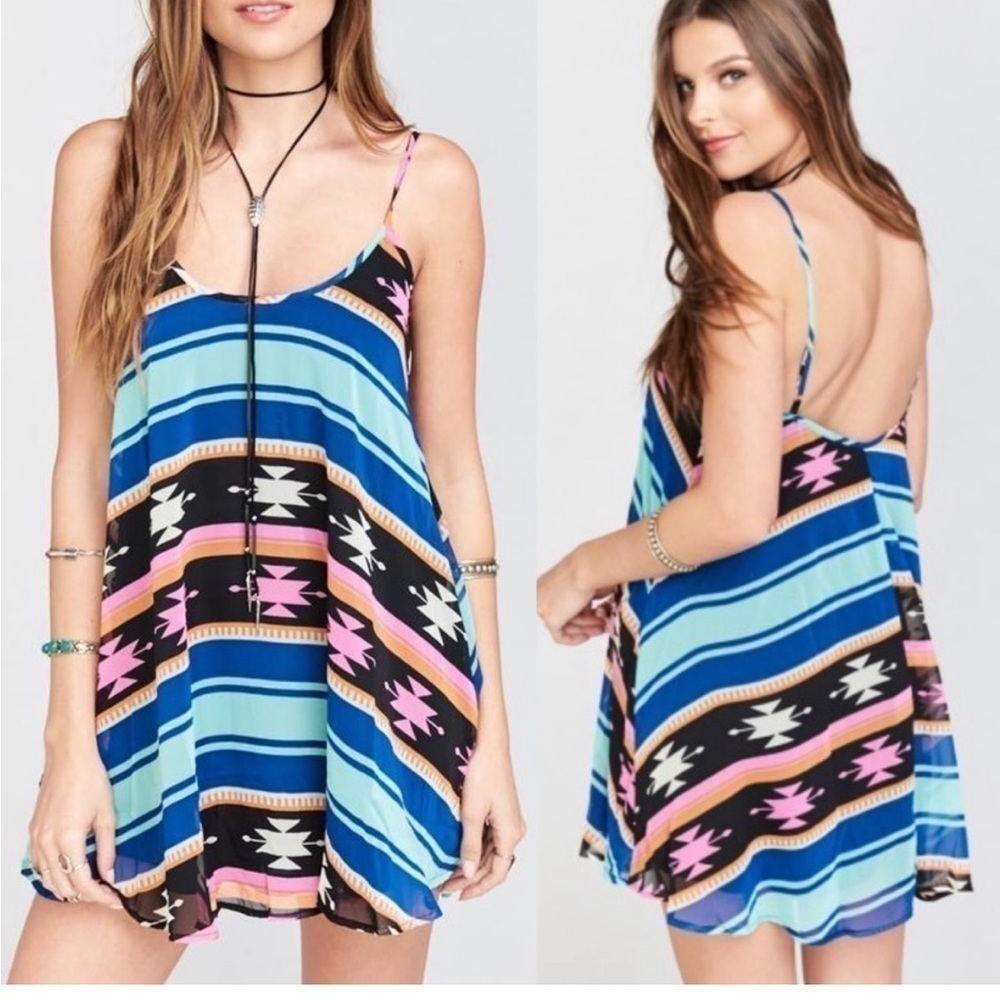 Show‎ Me Your Mumu Peta Mini Dress Blue Southwestern Geometric Boho Print Medium